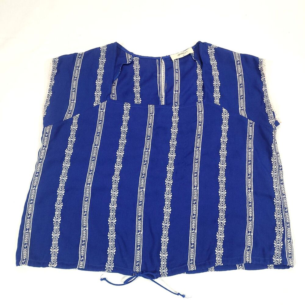 A Beautiful Soul Embroidered Top Blue A (L/XL) Square Neck Boho Drawstring Hem